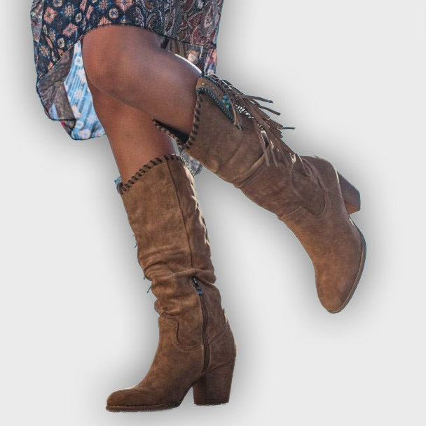 Lyanna – Women’s Knee-High Faux Suede Boots with Fringe & Block Heel