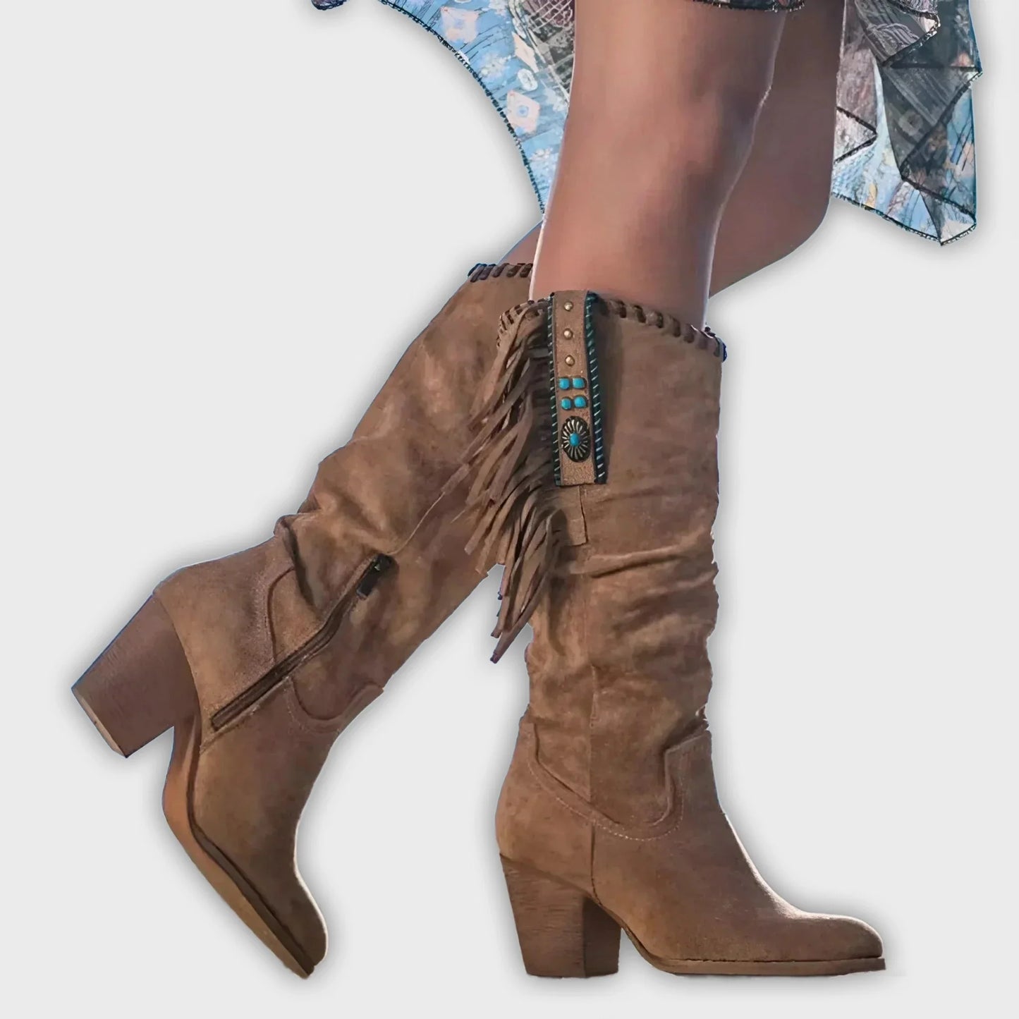 Morag – Women’s Mid-Calf Suede Fringe Boots – Block Heel – Western Boho Style