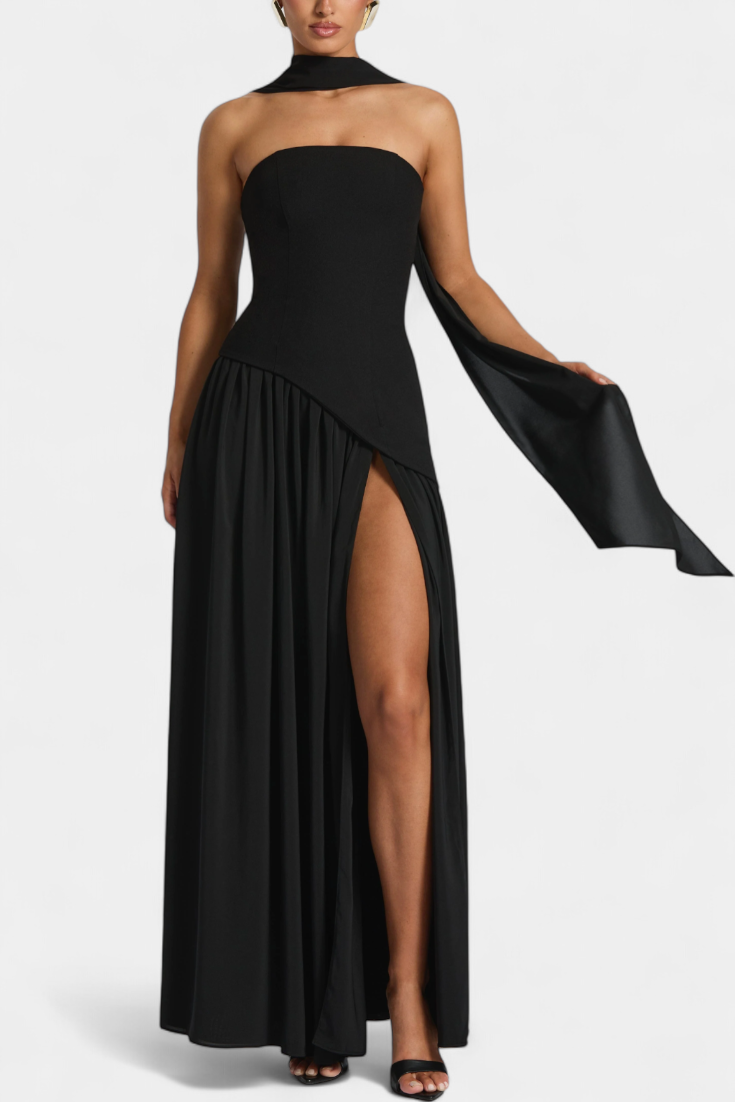 Maxi Pilgrim Dress with Off-Shoulder Sleeves Made of Chiffon with a Side Slit