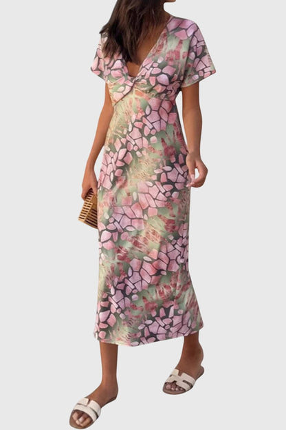 Dresses with Abstract Print and V-Neck Exposure