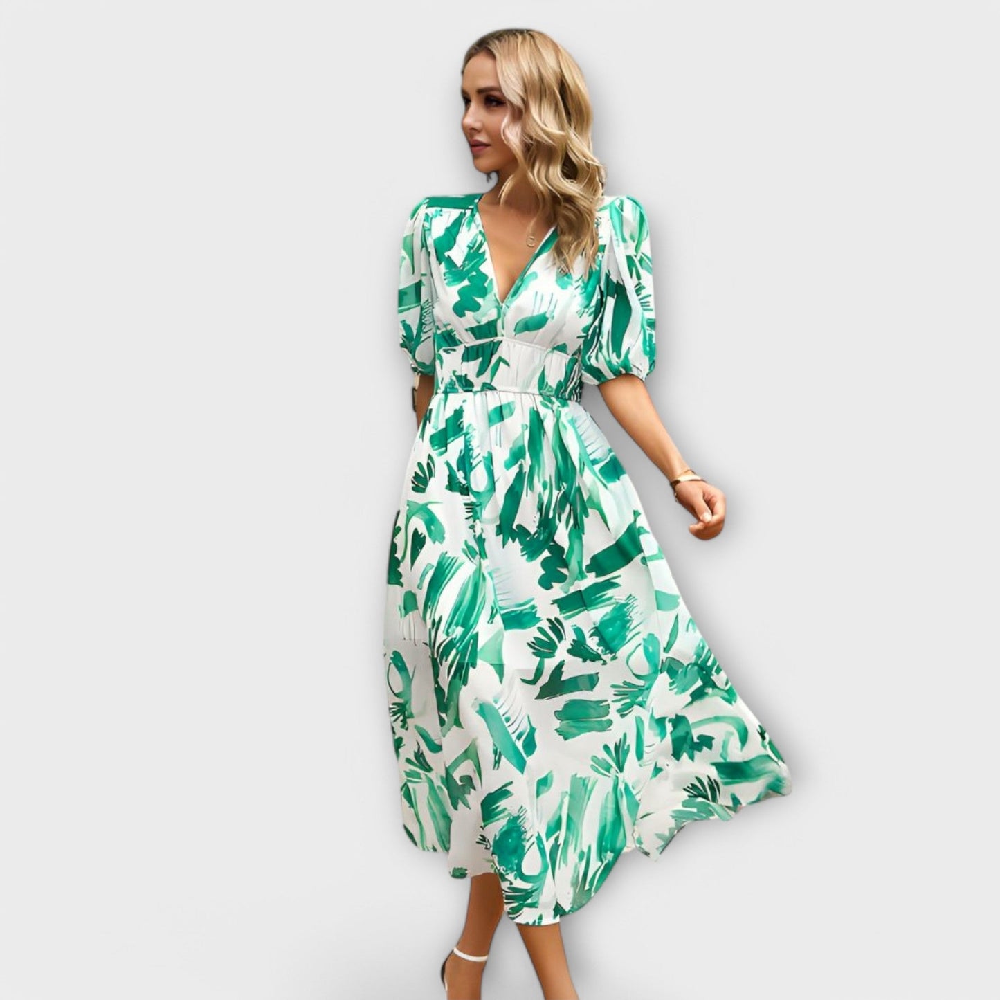 Abstract Maxi Dress with Balloon Sleeves