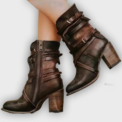 Brienna – Women’s Distressed Leather Ankle Boots with Buckles & Chunky Heel