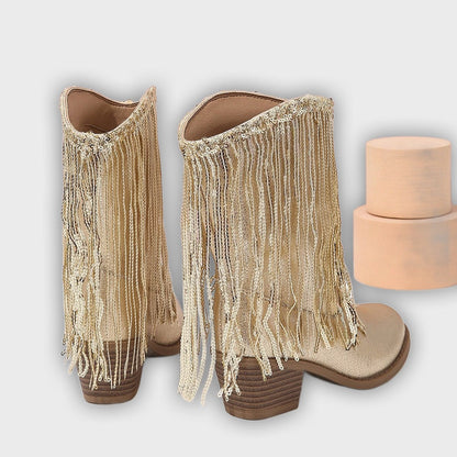Delilah – Women’s Mid-Calf Boots with Fringe, Sequins & Chunky Heel