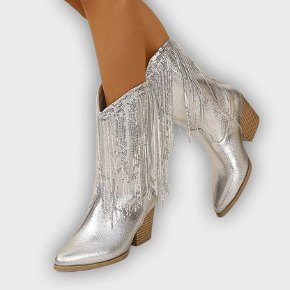 Delilah – Women’s Mid-Calf Boots with Fringe, Sequins & Chunky Heel
