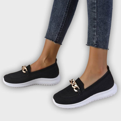 Elin – Women’s Slip-On Knit Loafers with Gold Chain Accent