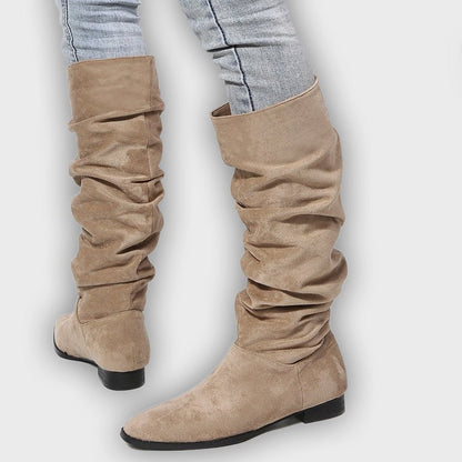 Leona – Women’s Knee-High Faux Suede Boots with Pointed Toe & Flat Sole