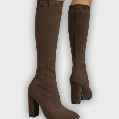 Mirella – Women’s Knee-High Sock Boots with Stretch Knit & Block Heel