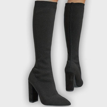 Mirella – Women’s Knee-High Sock Boots with Stretch Knit & Block Heel