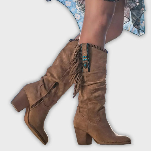 Morag – Women’s Mid-Calf Suede Fringe Boots – Block Heel – Western Boho Style