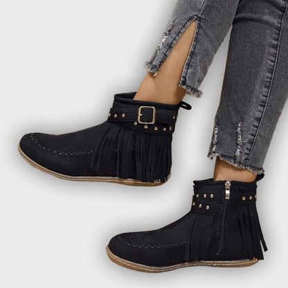 Norelle – Women’s Ankle Boots with Suede Fringe, Studs & Side Zip