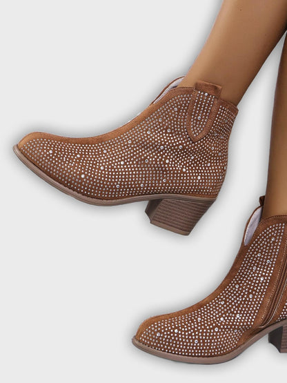 Novalie – Women’s Rhinestone Ankle Boots with Pointed Toe & Block Heel