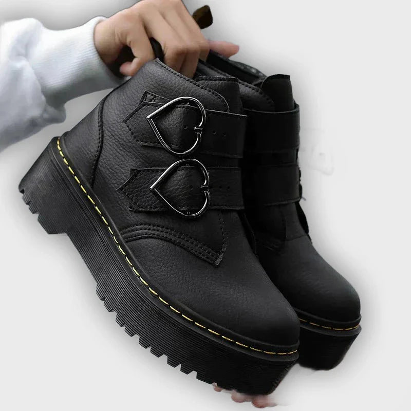 Ronja – Women’s Chunky Ankle Boots with Heart Buckle Straps