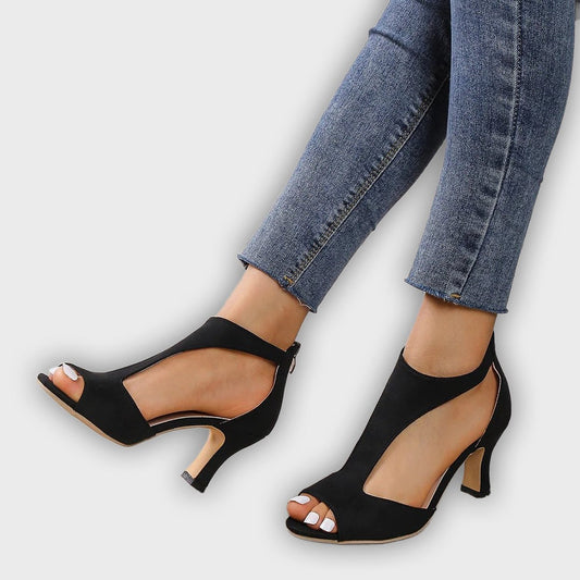 Women’s Suede Peep-Toe Stiletto Sandals – Cutout Detail & Elegant Heel