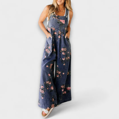 Bethany - Floral Print Wide Denim Overalls