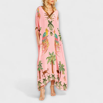 Linda - Stunning Dress with Asymmetrical Shoulders and Coconut Tree Print