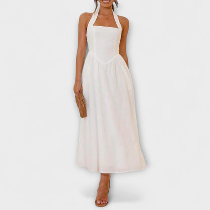 Lydia - Mid-Length Black Halter Dress with Waist Accent