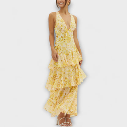 Domenica - V-Neck Chiffon Dress with Flowing Layers